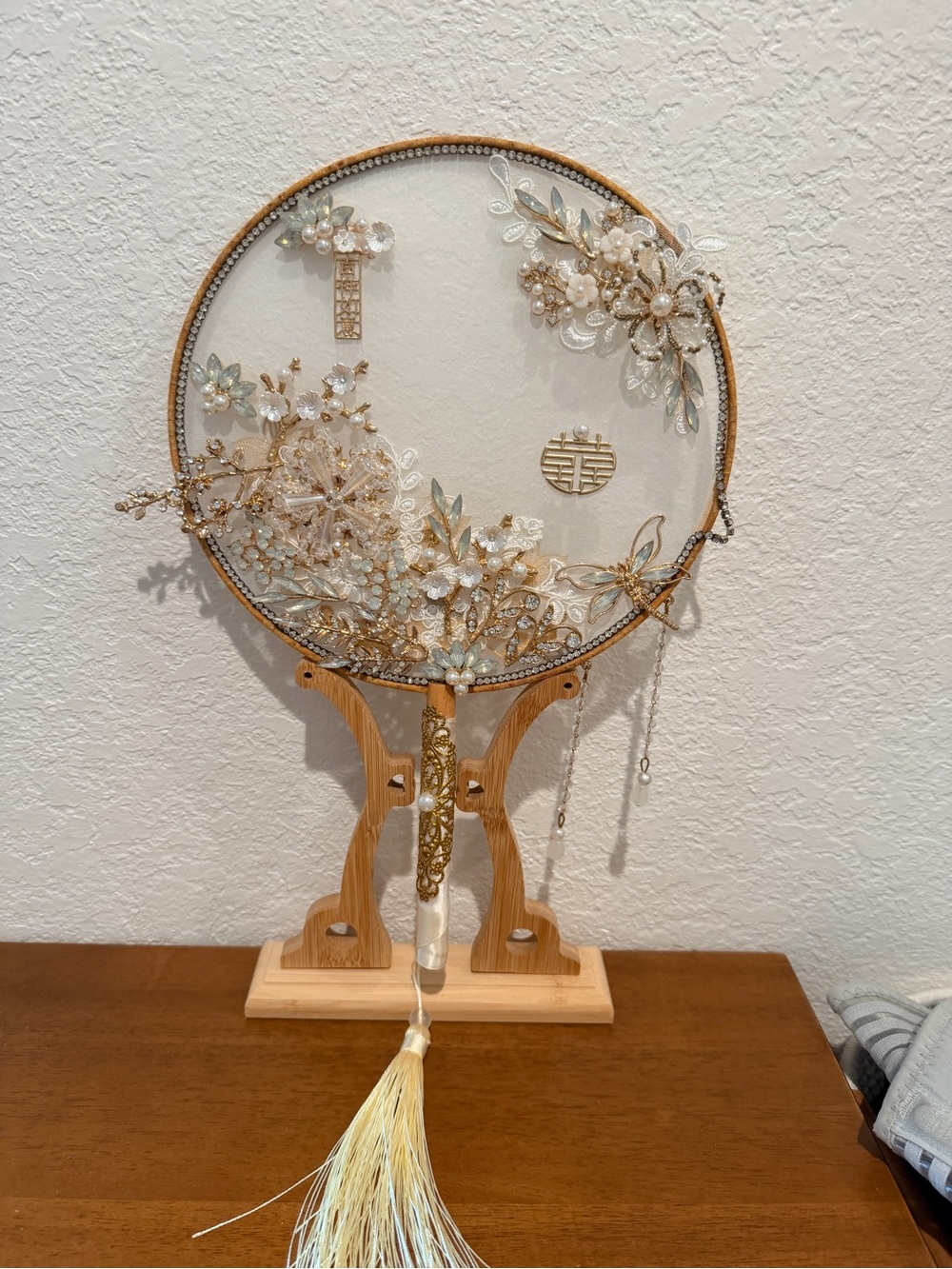 Elegant Gold and Cream Floral Hand Fan by
